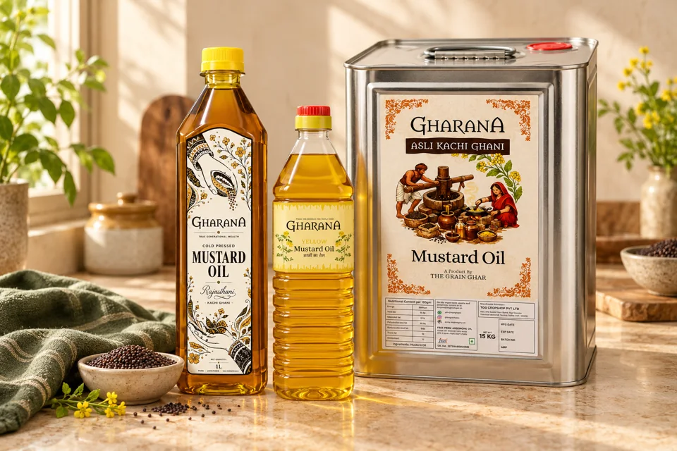 Gharana black and yellow mustard oil bottles with the labelled 15 kg mustard oil tin
