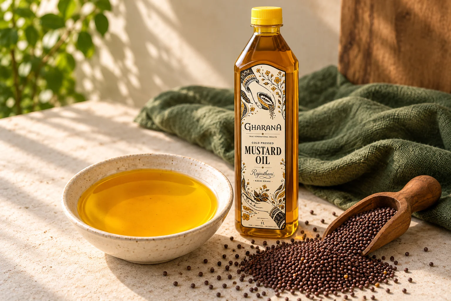 Gharana mustard oil bottle with mustard seeds and a bowl of oil