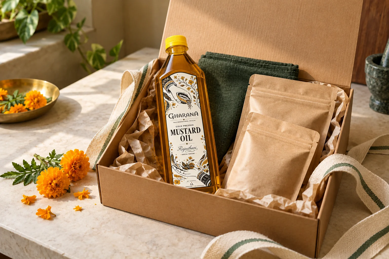 A thoughtful Diwali food hamper with mustard oil